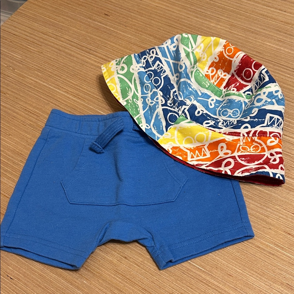 Colorful Bucket Hat and Blue Shorts Set  Size 12 mos